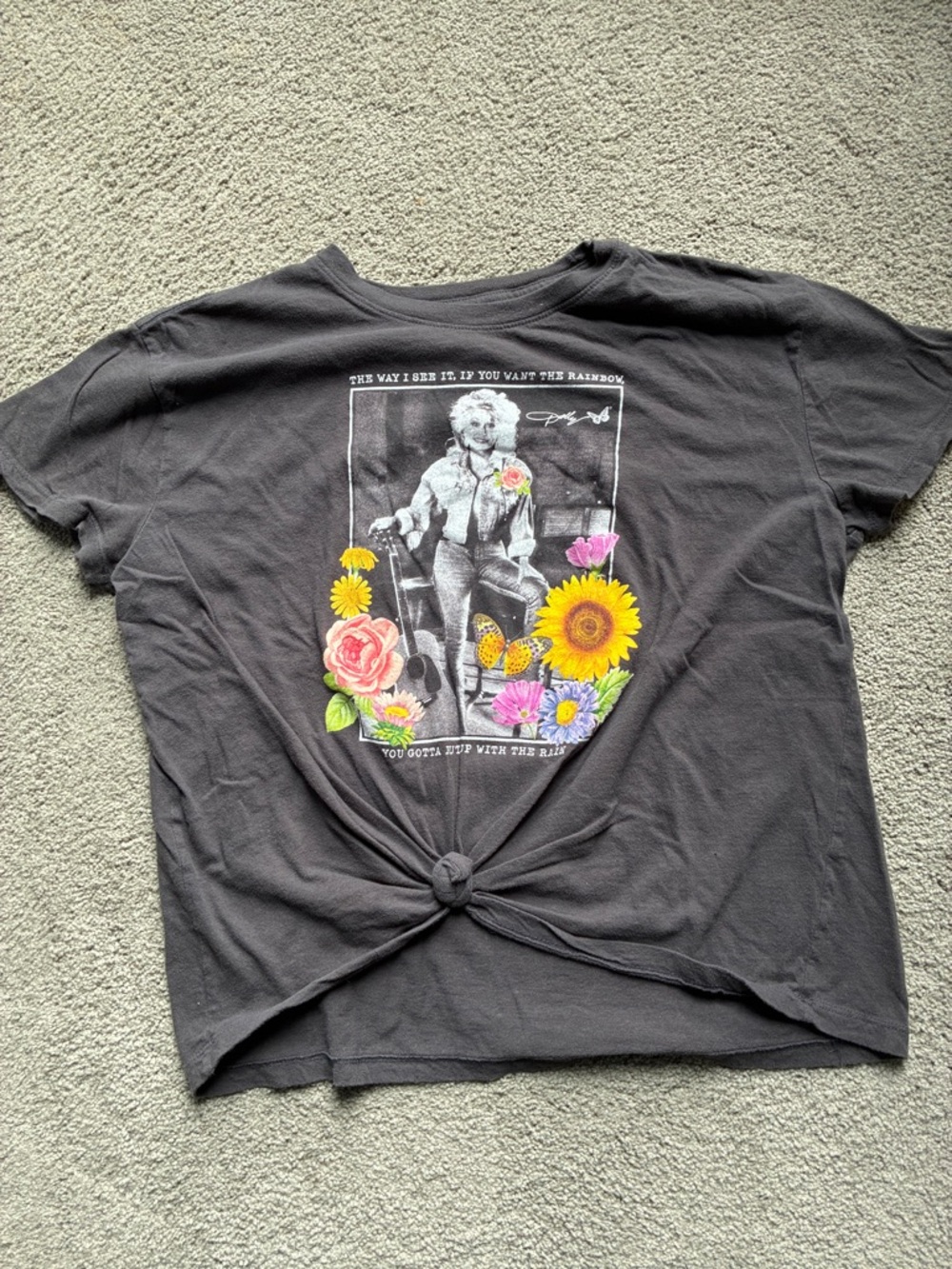 Black Graphic Dolly Parton Floral Tee with Vintage Portrait